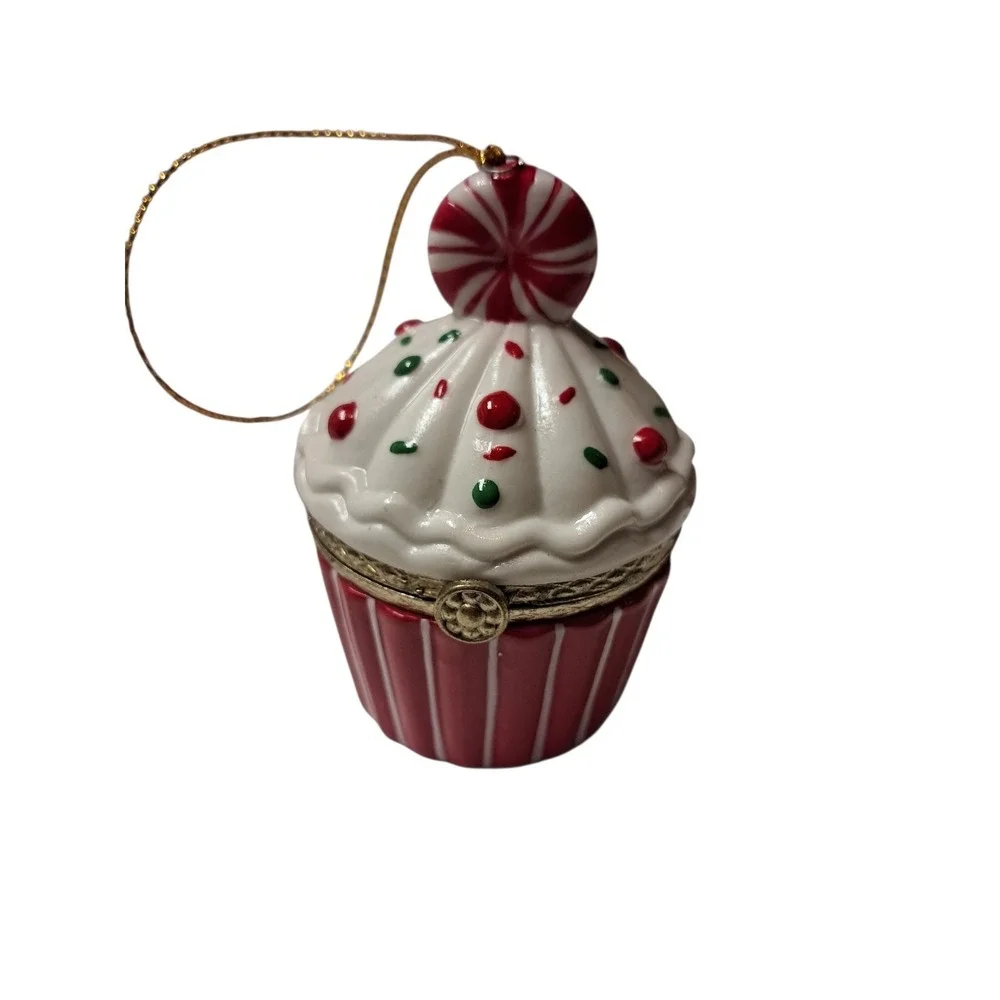 Ornament Trinket Boxes Lot‎ Of 3. One Pepermint, One Cupcake And One Wagon